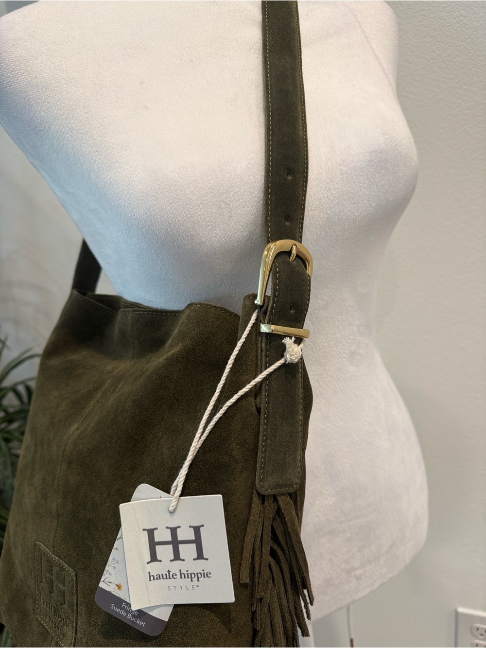 Haute Hippie Suede Fringe Olive Green Bucket Shoulder Bag Purse NWT - Picture 4 of 16